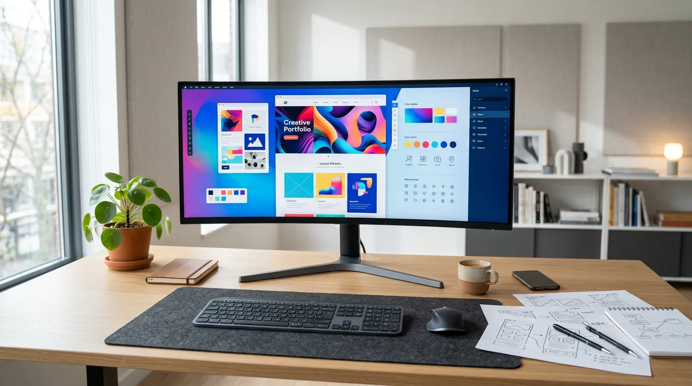 Modern web design workspace: clean desk with computer monitor displaying colorful interface design, keyboard, mouse, and design sketches scattered around, bright and professional environment