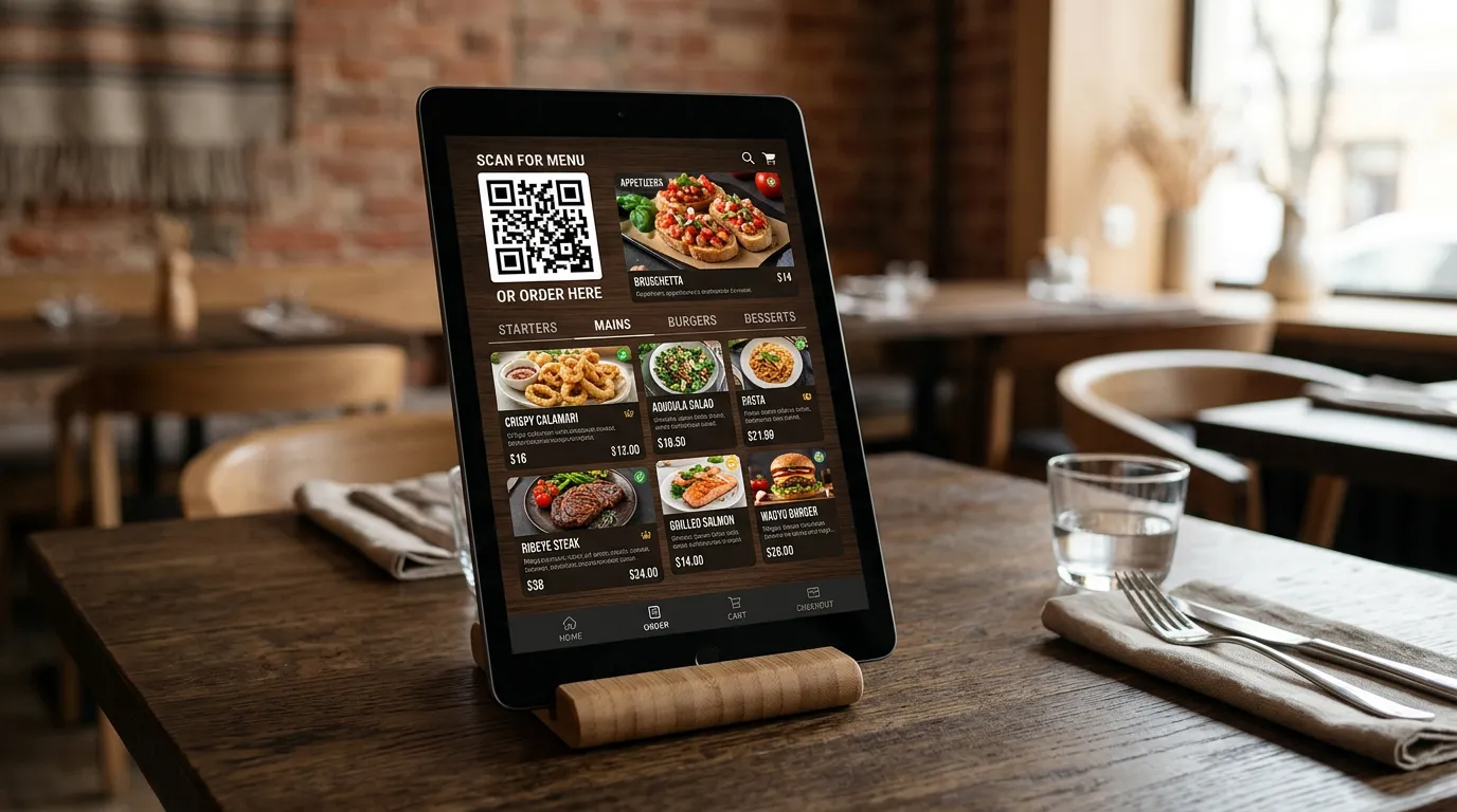 Digital restaurant menu on tablet: tablet device displaying QR code and digital menu interface with food items and prices, modern restaurant technology