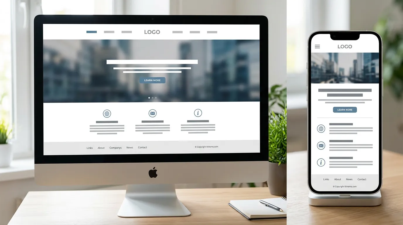 Responsive web design mockup: computer screen and smartphone side by side displaying the same website layout, demonstrating mobile and desktop view, clean professional aesthetic