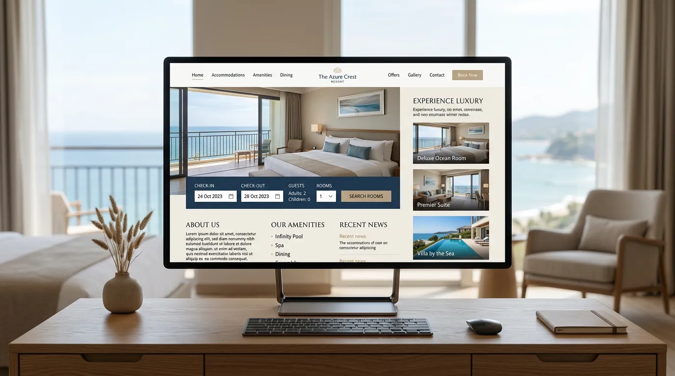 Hotel website design: computer monitor displaying an elegant hotel booking website with room images, reservation form, and hotel information, professional hospitality web design