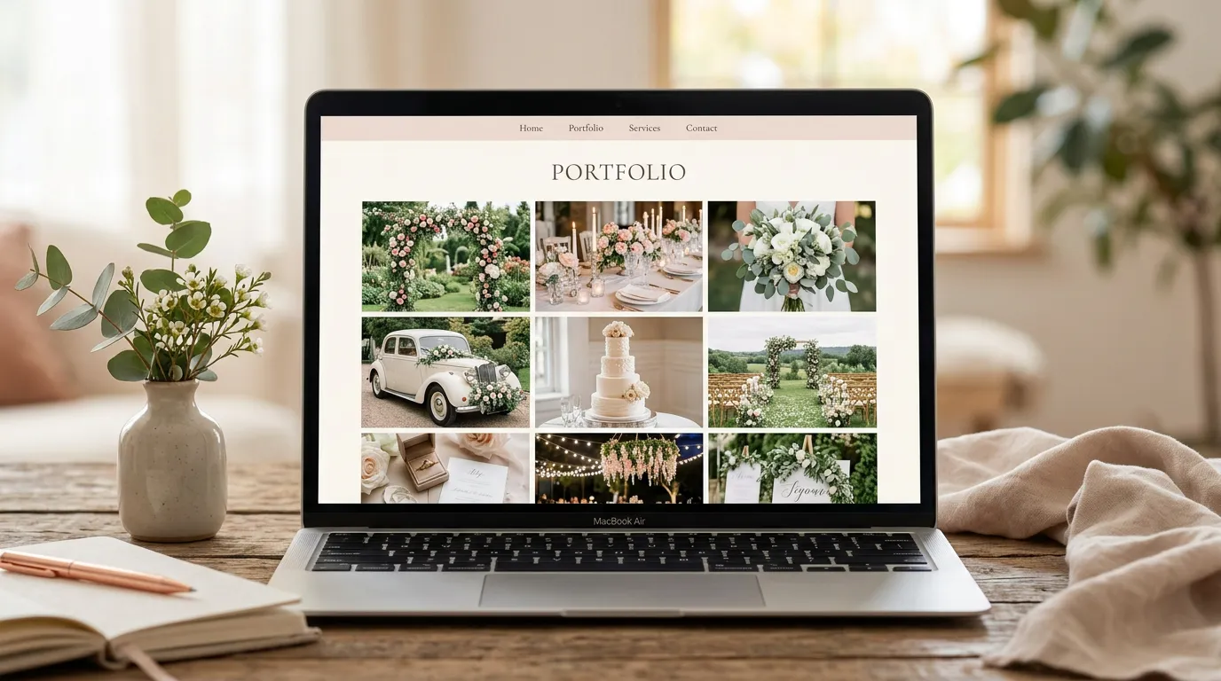 Wedding planner portfolio website: computer screen showcasing beautiful wedding photos gallery layout with elegant design, romantic aesthetic, professional portfolio display